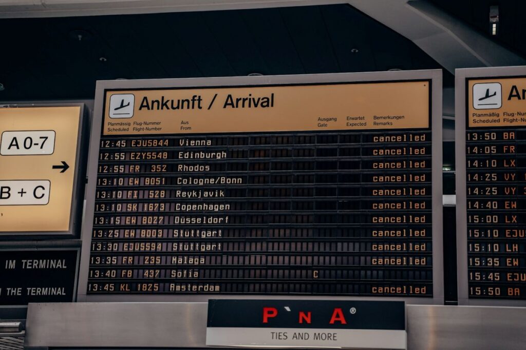 Flight schedule board showing cancelled flights